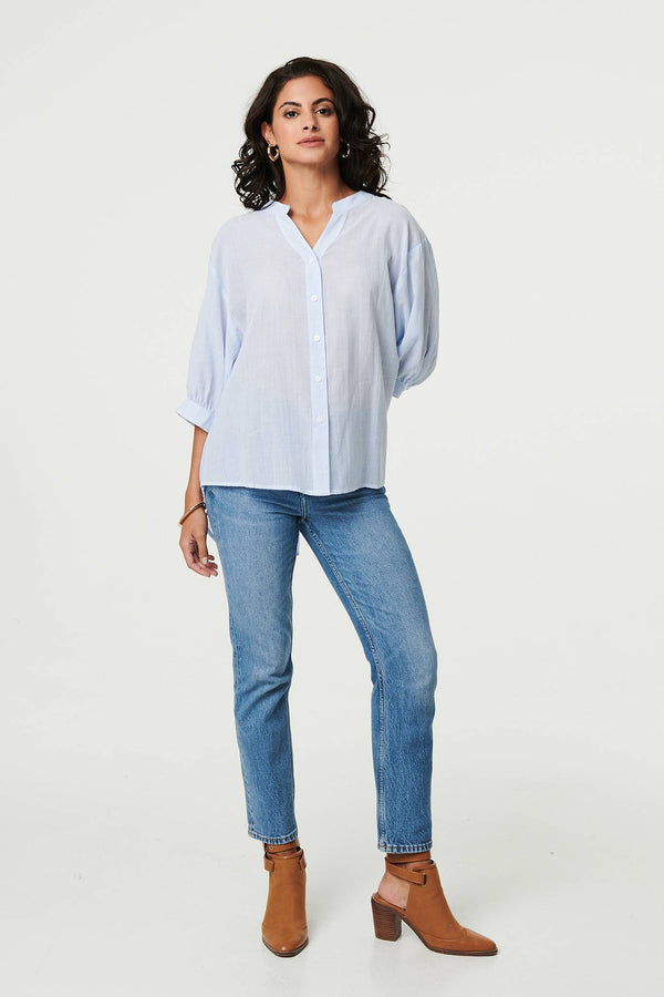 3/4 Sleeve Collarless Curve Hem Shirt