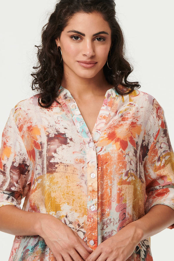 Abstract Long Sleeve Short Shirt Dress